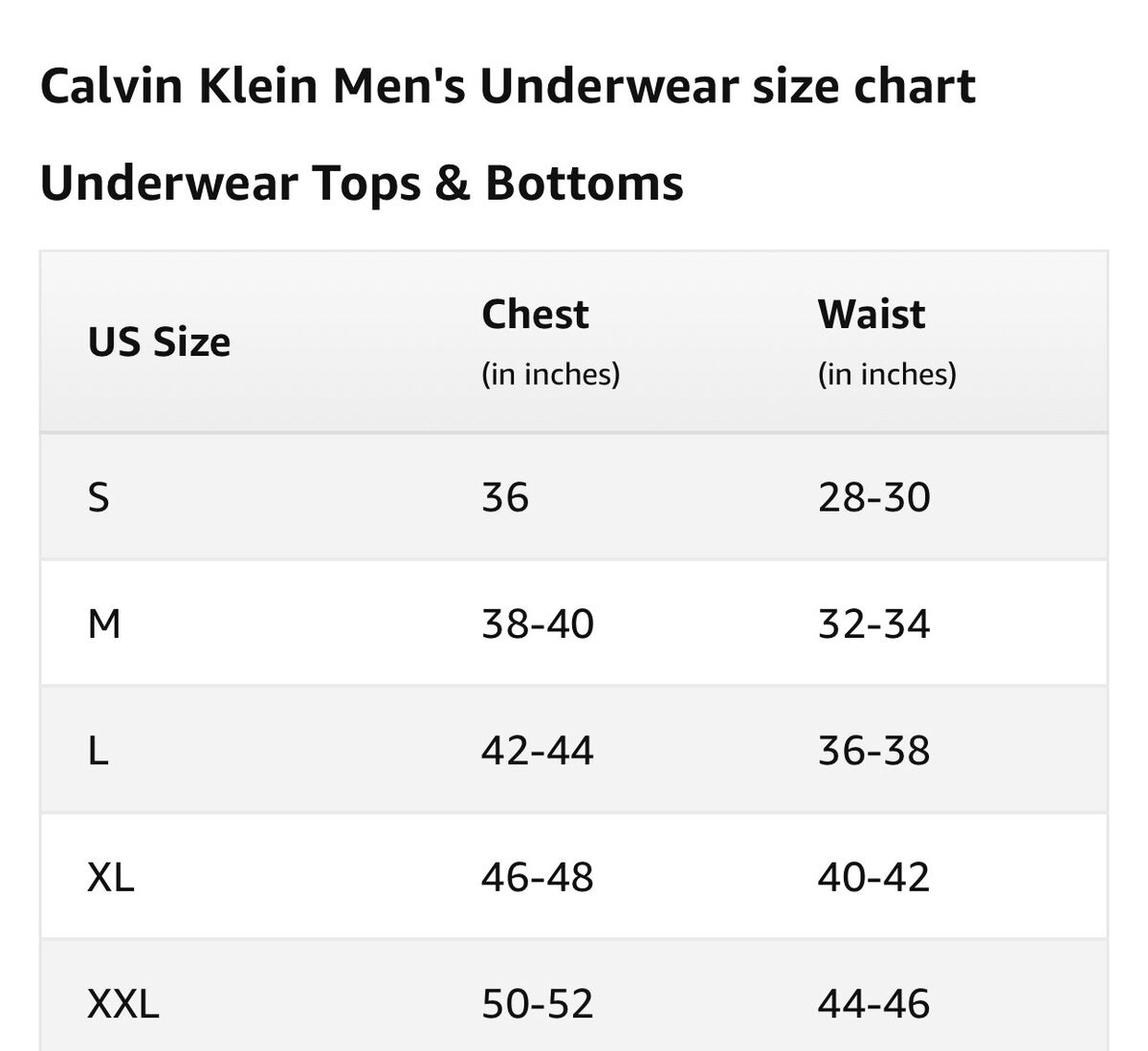 Illustrative example of calvin klein men's underwear size chart