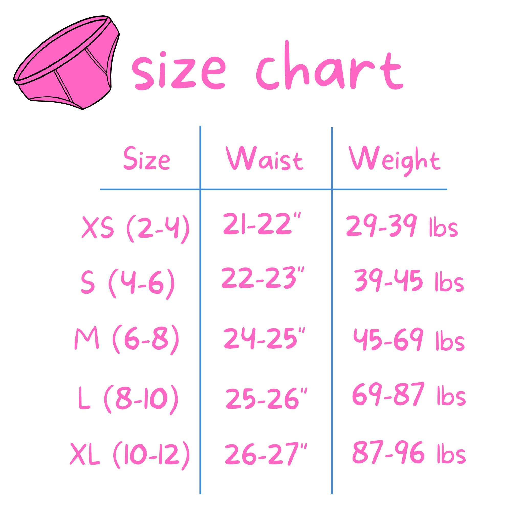 Illustrative example of girls underwear size chart