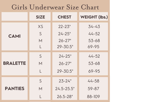 Illustrative example of girls underwear size chart