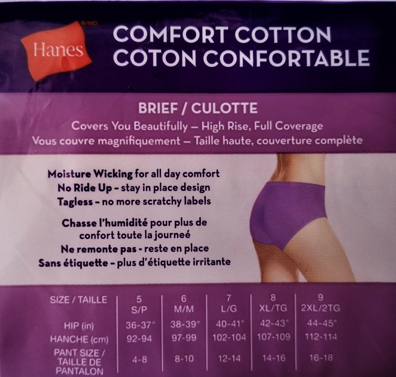 Illustrative example of hanes women's underwear sizing