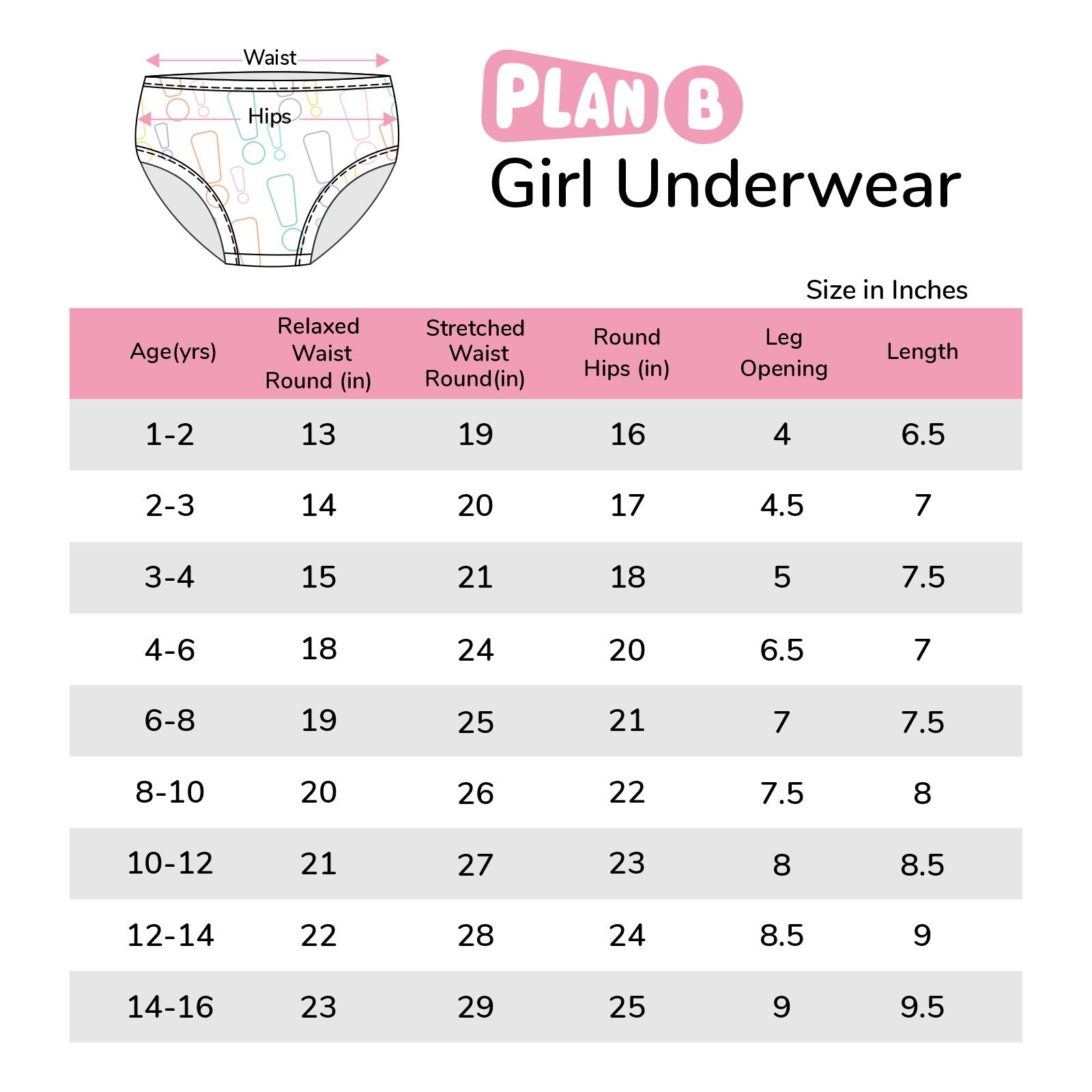 Illustrative example of underwear size by age for girl